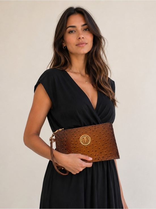None Handbags - Brown Ostrich Croc Embossed Wristlet Clutch with Gold-Tone Medallion